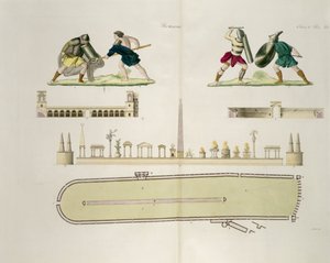 Gladiatoren en een plattegrond van het circus van Caracalla, plaat 23A, klasse 5 uit Deel I van De Geschiedenis van de Naties, gegraveerd door A. Nani door Italian School