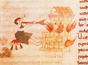 Glasblazers, miniatuur uit "De universo" door Rabano Mauro, manuscript, Italië 11e eeuw door Italian School