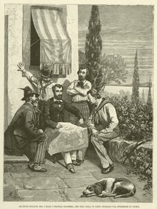 De Italiaanse ballingen, waaronder de gebroeders Bandiera, die op het eiland Corfu een expeditie naar hun vaderland bestuderen (gravure) door Italian School
