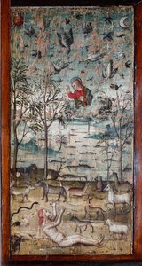 God creëert Adam, dier, land, lucht en water Houtsnijwerk dat een kastpaneel van de oude sacristie van Bramante siert door Italian School