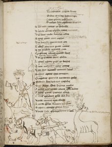 Harley 2453, f.55 Een jachtscène met een everzwijn, een hert, jagers, honden en een haas, uit 