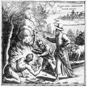 Hippocrates (c.460-c.377 v.Chr.) legt het belang van besmetting uit tijdens de pestepidemie, titelpagina uit Hippocratis Opera Quae Extant, gepubliceerd in Venetië, 1588 door Italian School