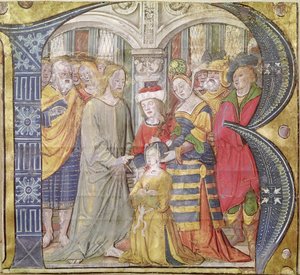Geïllustreerde initiaal B die Christus afbeeldt die een bezeten vrouw geneest door Italian School