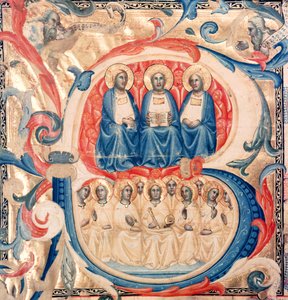 Geïllustreerde initiaal B met de Drie-eenheid en Christus omringd door engelen, Bolognese School, c.1340-50 door Italian School