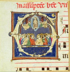Geïllustreerde initiaal G die de Tenhemelopneming van de Maagd toont door Italian School