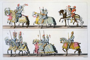 Heilige Roomse Rijk: Deelnemers aan een toernooi in het kasteel van Luxemburg in de tijd van Maximiliaan I, uit Costumi dei Romani, Svizzeri.. ca. 1800-18