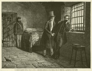 De vader van Mazzini stelt zijn zoon voor de keuze, of blijven in een kleine stad in Piemonte, of de Sardijnse staten verlaten (gravure)