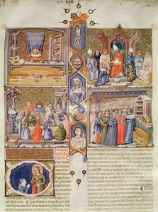 Verlichting verdeeld in vier scènes: Een Jurist aan zijn Tafel; Een Paus die een Boek aangeboden krijgt; Een Les in een Rechtencollege; Een Boekwinkel, met een versierde hoofdletter met St. Catharina en een Orde door Italian School