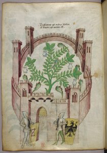 Illustratie van de balsemtuin van Caïro (Fustat), met zeven waterpoelen en kruiken om de balsem op te vangen, een plant in het midden, met twee ridders in harnas die de poort flankeren, met schilden met heraldische wapens, ca. 1440 (inkt  kleur op perkamen door Italian School