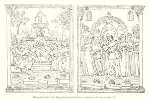 Illustratie uit een exemplaar van de Decameron, gedrukt in Venetië in 1492, I (gravure) door Italian School