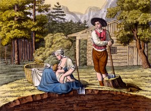 Inwoners van de Oostenrijkse Alpen die een boerderij bouwen, uit Costumi dei Romani, Svizzeri.. ca. 1800-18 door Italian School
