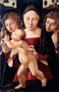 Italië, Assisi, Madonna en Kind met twee engelen
