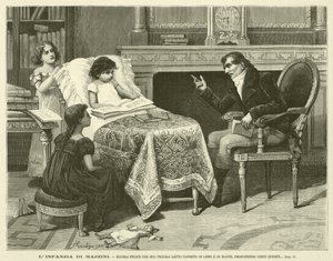 De jeugd van Mazzini, gelukkig met zijn kleine bed bedekt met boeken en kaarten, bepaalde vragen stellend (gravure) door Italian School