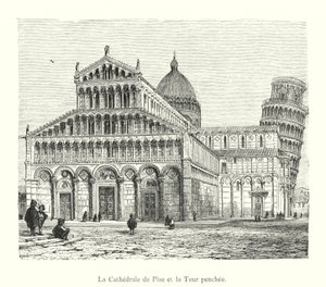 De Kathedraal van Pisa en de Scheve Toren (gravure) door Italian School
