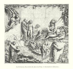 De Schepping, Bas-reliëf van Giovanni Pisano, Kathedraal van Orvieto (gravure)