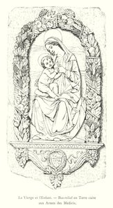 De Maagd en het Kind, Bas-reliëf in Terracotta met de Wapens van de Medici (gravure) door Italian School