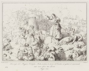 De vrouw van majoor Battaglia Motta, leidt de vrouwen van Candia om te helpen bij de reparatie van... (gravure) door Italian School
