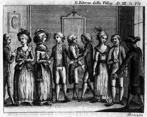 Laatste scène van Acte III van het komische stuk "Ritorno della villeggiatura" (Terugkeer van de stad) (1761) door Carlo Goldoni (1707-1793). Gravure uit de 18e eeuw.