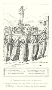 De triomf van de kuisheid, door Petrarca, facsimile van een 15e-eeuwse gravure toegeschreven aan Nicoletto da Modena, naar de proef van het British Museum (gravure)