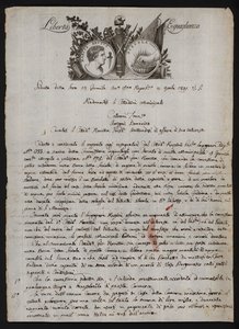 Brief in het Italiaans, met een afbeelding van het hoofd van Brutus de jongere, een brandende hand die Gaius Mucius Scaevola voorstelt, en het motto van de Franse Revolutie door Italian School