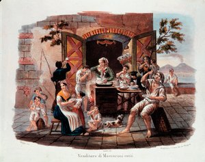 Kleine Napolitaanse handel: een verkoper van gekookte macaroni. In de verte de Vesuvius aan de baai van Napels. Lithografie uit de 19e eeuw. Museo Nazionale delle Paste Alimentari, Fondazione Agnesi, Rome door Italian School