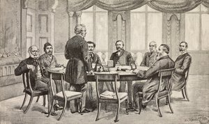 Londense conferentie over Egypte, Verenigd Koninkrijk: Graaf Munster, Musurus Pasha, Granville (staand), Graaf Nigra, Waddington, De Staal, Childers, Graaf Karolyi, gravure naar tekening van Edoardo Ximenes, uit L