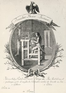 Weefgetouw voor het maken van sokken, broeken en handschoenen, gravure voor posterreclame van het bedrijf Stanislaus Bosiso, Italië door Italian School