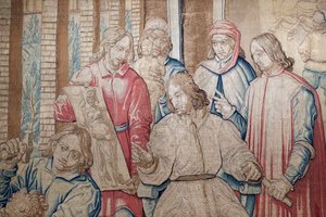 Lorenzo de Magnifieke tussen de beeldhouwers en schilders in de Medici-tuin bij San Marco. Wandtapijt 1516. Genua. Italië. door Italian School