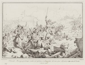 Luigi Leonardo Mocenigo, hoewel oud en ziek, laat zich door zijn mannen dragen om te verdedigen (gravure)