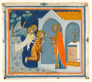 MS McClean folio 201.4 r St. Maria Magdalena, in de wildernis rond Aix, gedragen door engelen naar St. Maximin, die haar laatste communie toedient, ca. 1330 door Italian School