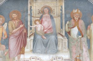 Madonna en Kind, Engel Gabriel, Sint Johannes de Doper, Sint Ambrosius, Sint Bernardus door Italian School