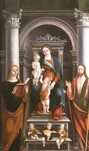 Madonna en Kind ontvangen een roos van de jonge St. Johannes de Doper, met heiligen en engelen door M.B. (monogram) door Italian School