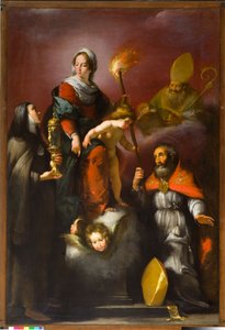 Madonna met Kind en Heiligen Clara, Ambrosius en Erasmus, circa 1625 door Italian School