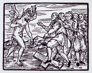 Mannelijke heks die Christus afzweert, kopie van een illustratie uit Compendium Maleficarum door Fr M Guaccius, Milaan 1608, gebruikt in History of Magic, gepubliceerd eind 19e eeuw