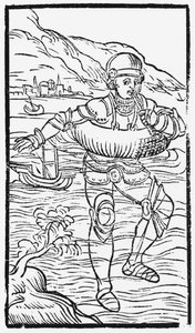 Man met een reddingsboei, illustratie uit Historia de Gentibus Septentrionalibus door Olaus Magnus (1490-1558), gepubliceerd in Rome, 1555 door Italian School
