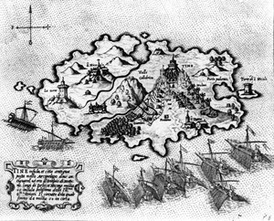 Kaart van het Eiland Tinos met de Venetiaanse vloot, 17e eeuw