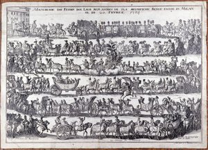 Maskerade: processie en dans van mensenmaskers ter gelegenheid van carnaval. Milaan 20/02/1764. Gravure uit de 18e eeuw door Italian School