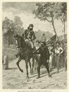 Mazzini, eenvoudige soldaat, droeg de vlag God en Volk (gravure) door Italian School