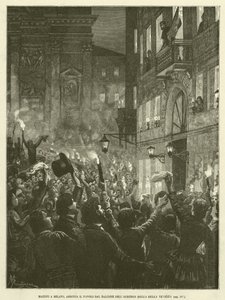 Mazzini in Milaan, spreekt het volk toe vanaf het balkon van het Albergo Della Bella Venezia (gravure) door Italian School