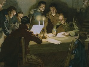 Bijeenkomst van de eerste partizanen die de bezetters weerstaan, geboorte van de Carbonari, illustratie uit een album over de geschiedenis van Risorgimento gemaakt voor de chocolade Talmone, eind 19e eeuw door Italian School