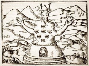 Moloch, kopie van een illustratie uit Oedipus Aegyptiacus door Athanasius Kirchner, Rome 1652, gebruikt in Geschiedenis van de Magie, gepubliceerd eind 19e eeuw