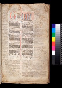 Gregorius IX, Decretales met Apparatus door Bernardo Botone van Parma, initiaal [G] in rood met gereserveerde en blauwe penwerkdecoratie door Italian School
