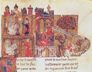 Aristoteles (384-322 v.Chr.) onderwijst Alexander de Grote (356-323 v.Chr.) in moraal en de minachting van vrouwen, uit Le Livre du Tresor door Brunetto Latini (1220-94) door Italian School