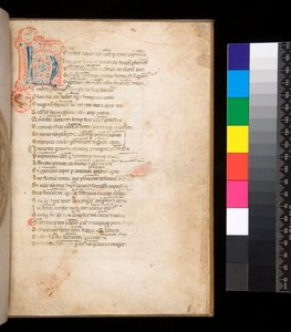 Ms 315. Horatius, Ars Poetica en Epistulae, f.1r. Versierde initiaal [N] in blauw en rood met ruitvormige vulling en omringend penwerk in rood