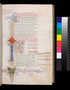 Ms 329. Statius, Thebaid, f.19r. Verlichte initiaal [F] in blauw met gereserveerde decoratie voor het incipit, en kleine initiaal [A] in goud voor het argumentum, en ingewikkelde contrasterende pen-bloemversiering van goud en blauw, die zich uitstrekt om e door Italian School