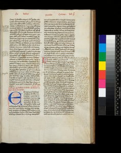 Ms 342. Caesar, Opera, f.38r. Initiaal [E] in blauw met pen-versierde decoratie in rood