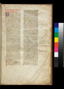 Ms 361. Valerius Maximus, Factorum et Dictorum Memorabilium Libri, f.2r. Voorbeeld van een afgeronde gotische semi-quadrata boekschrift, en gekleurde initialen met contrasterende penversieringen