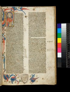 Ms 370. Orosius, Historiarum Adversum Paganos Libri Septem, f.2r. Verlichte bewoonde initiaal [P], met portret van de auteur gekleed als bisschop, en gedeeltelijke rand met bladmotieven, Bologna of Padua