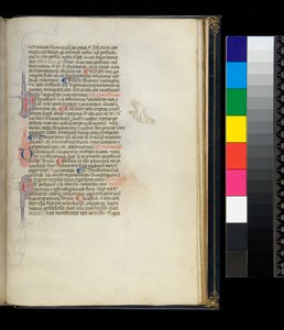 Ms 373. Pseudo-Cicero, Rhetorica ad Herennium, en andere werken, f.50r. Pen-gefloreerde initialen en een penwerkdecoratie in de marge die een knielende blootsvoetse monnik voorstelt, ca. 1337