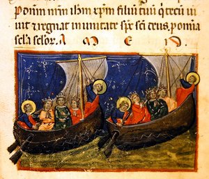 Ms. 406, miniatuur uit Tra tatus hedificationis et constructionis ecclesiae Sancti Johannis Evangeliste, ca. 1330-40 door Italian School